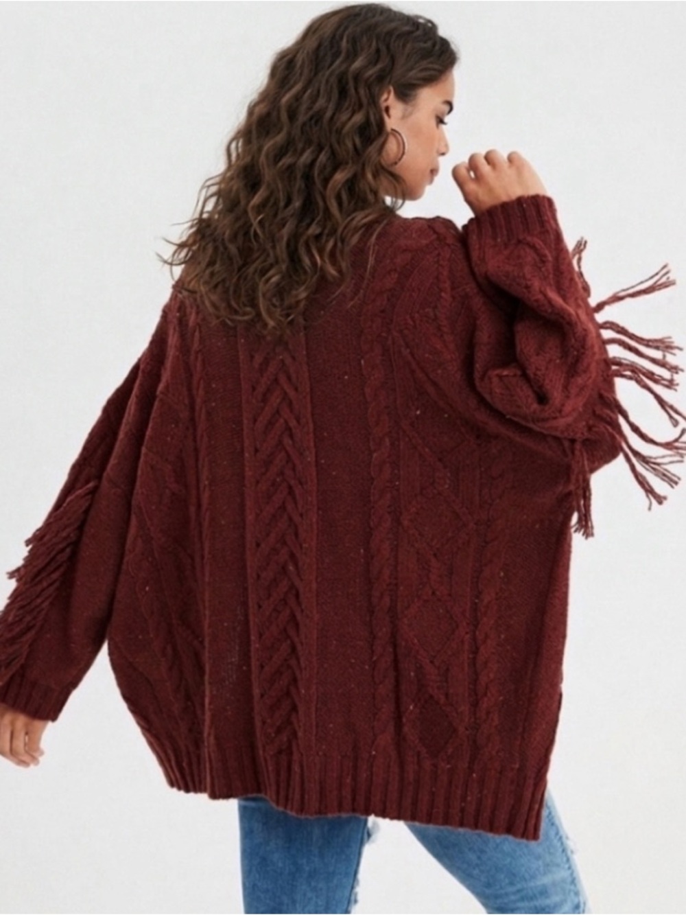 American Eagle Bohemian Rust Orange Fringe Cable Knit Chunky Cardigan⁠ XS/S